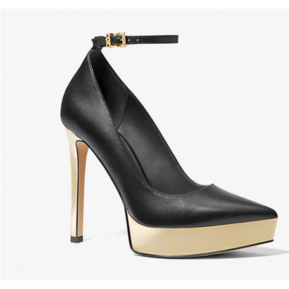 Michael Kors Xenia Ankle Strap Pump Size 6.5 Black Gold NIB - Picture 1 of 4